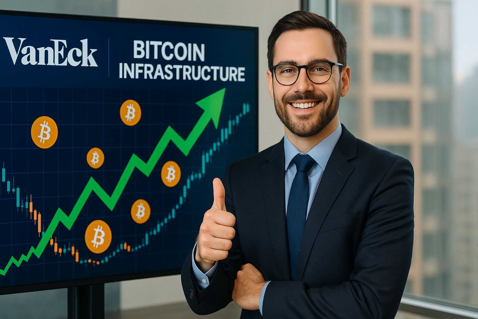 Bitcoin-Kurs bei 113.834 USD, während VanEck long Bitcoin-Infrastruktur ist