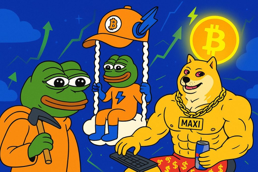 Illustration der drei Meme-Coins: PepeNode, MaxiDoge und BitcoinHyper. Im Hintergrund sind steigende Charts zu sehen.