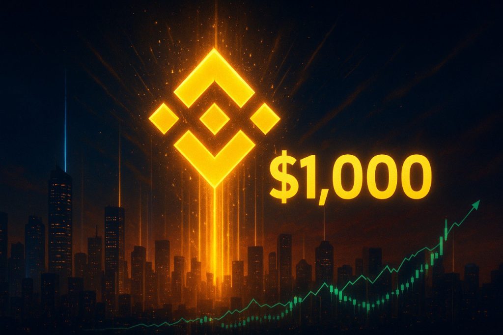 Fotorealistisches Bild mit leuchtendem BNB-Logo, Skyline und Charts über 1.000 Dollar - Symbol für Allzeithoch.
