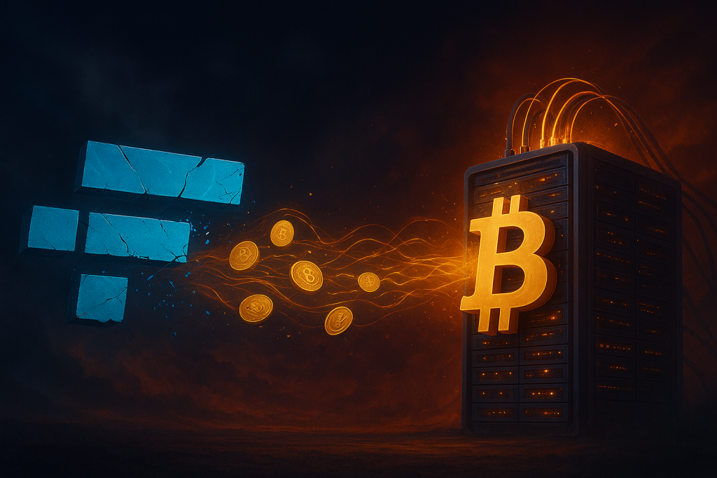 Fotorealistisches Bild mit zerbrochenem FTX-Logo und Bitcoin-Mining-Rig, die um Milliarden streiten, dargestellt mit Münzen und Datenströmen.