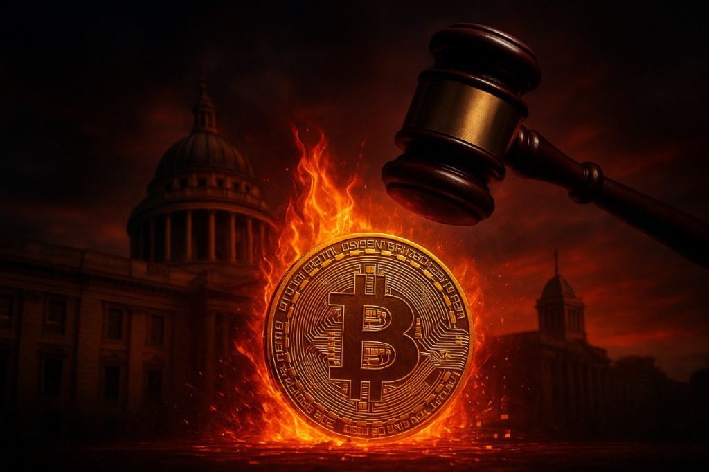 Fotorealistisches Bild: Bitcoin in Flammen vor Londoner Gerichtsgebäude mit Richterhammer - Symbol für Milliarden-Betrugsprozess.