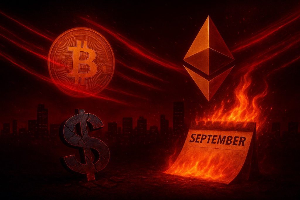 Fotorealistisches Bild mit roten Datenströmen über Krypto-Logos von BTC und ETH und brennendem September-Kalender, Symbol für 162-Milliarden-Crash.