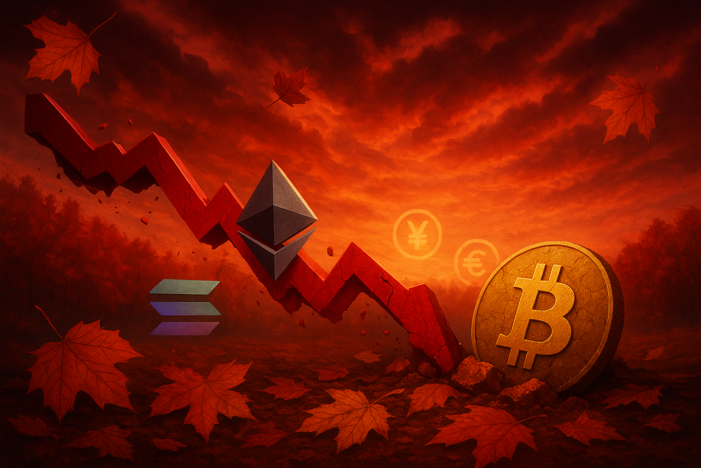 Im Vordergrund bröckelnde rote Börsencharts, die wie eine Welle über Krypto-Symbole hinwegstürzen. Bitcoin steht dem Entgegen stabil und blockt den Abwärtstrend. Darüber spannt sich ein dramatischer roter Herbsthimmel mit intensiven Wolken, während herabfallende rote und goldene Herbstblätter die Szene symbolisch für Wandel und Abschwung ergänzen.Ein fotorealistisches Querformat-Bild mit dramatischer Stimmung.