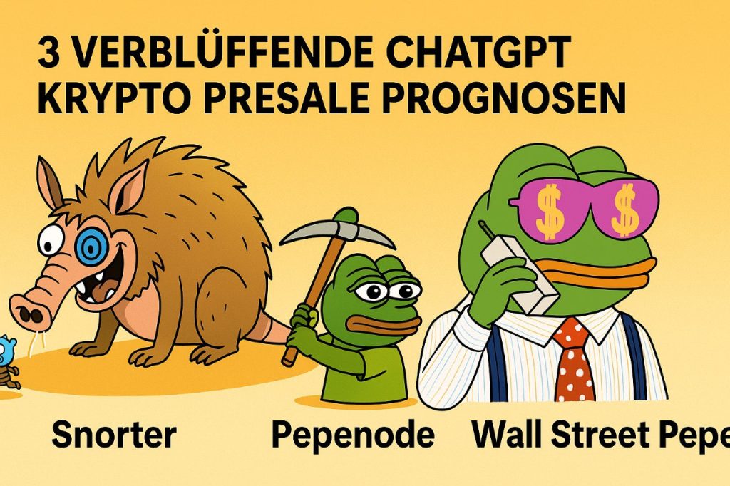 Illustration im Querformat zeigt die drei Krypto-Presale-Projekte Snorter, Pepenode und Wall Street Pepe. Links steht Snorter, ein cartoonartiges, wildschweinähnliches Maskottchen mit großem Auge. In der Mitte ist Pepenode, ein kleiner Pepe-Frosch mit grüner Spitzhacke, und rechts Wall Street Pepe, der mit Anzug, Krawatte und pinken Dollarbrillen telefoniert. Oben steht der Schriftzug