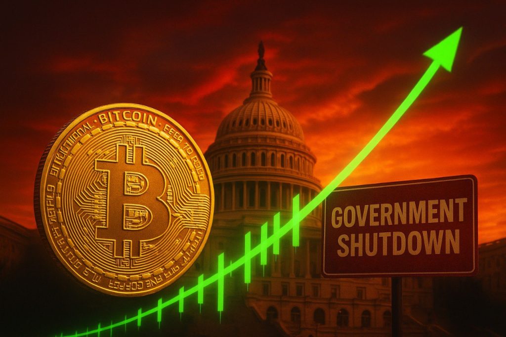 Bitcoin-Münze vor US-Kapitol mit 