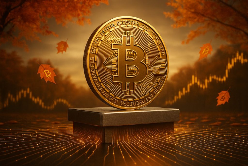 Fotorealistisches Bitcoin-Bild im goldenen Herbst mit leuchtenden Datenströmen und fallenden Blättern, Symbol für Stabilität und Marktvertrauen.