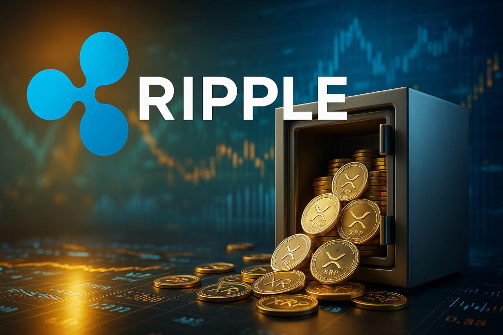 Das blaue Ripple-Logo über einem offenen Tresor voller goldener XRP-Münzen, umgeben von digitalen Finanzdiagrammen - Symbol für Ripples milliardenschweren Treasury-Plan zur Stabilisierung des Kryptomarkts.
