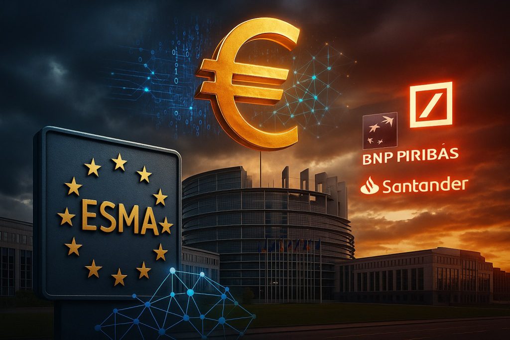 Bild des EU-Parlaments mit Euro-Symbol und Blockchain-Netzwerk, das die Machtverschiebung in der europäischen Krypto-Aufsicht symbolisiert.