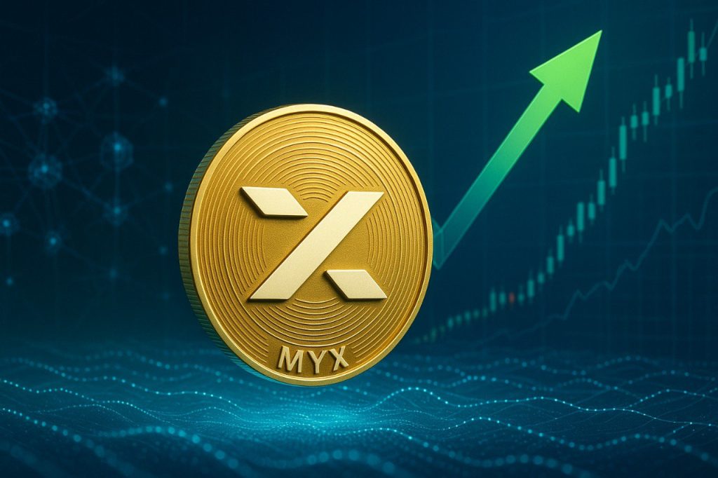 Glänzende MYX-Münze steigt aus digitalen Datenströmen, umgeben von leuchtenden Kursdiagrammen - Symbol für den Aufschwung im DeFi-Sektor.