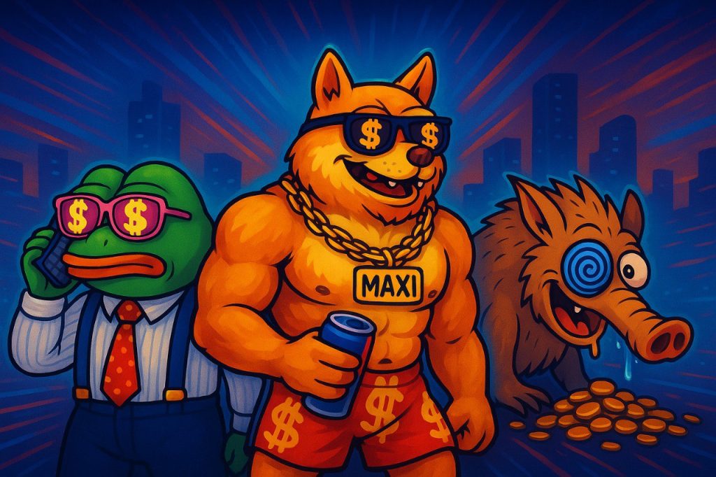 Ein farbenfrohes, dynamisches Digitalbild zeigt drei ikonische Meme-Charaktere in einer futuristischen Stadtkulisse: Links steht Wallstreetpepe im Anzug mit Hosenträgern, Dollarbrillen und einem Retro-Handy. In der Mitte posiert MaxiDoge muskulös, mit rotem Blick, MAXI-Kette, Dollar-Shorts und einer Redbull-Dose in der Hand. Rechts schnüffelt Snorterbot als sabberndes Erdferkel mit Spiralaugen an einem Haufen goldener Coins.