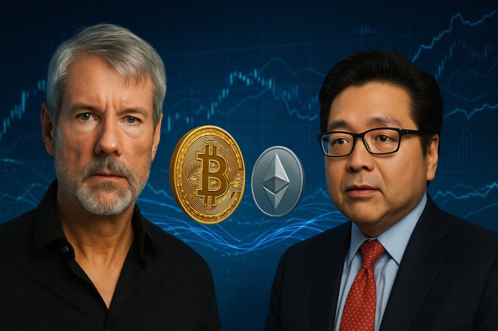 Michael Saylor und Tom Lee stehen vor digitalen Finanzcharts mit leuchtenden Bitcoin- und Ethereum-Münzen zwischen ihnen - Sinnbild für institutionelle Zuflüsse und wachsende Marktstabilität nach dem Oktober-Crash.