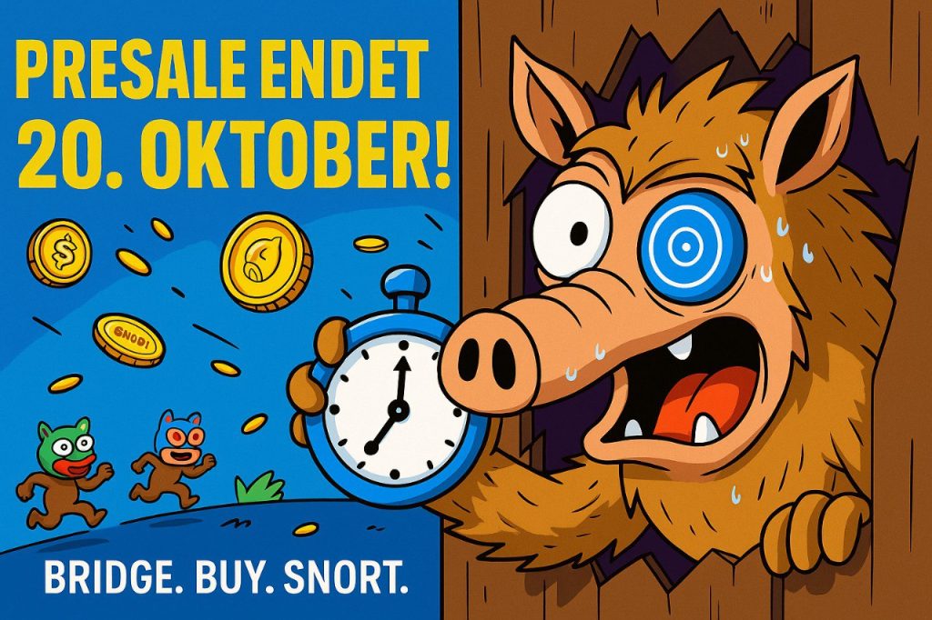 Comicartige Illustration des Snorter Bots, der panisch durch eine Holzwand blickt und eine blaue Stoppuhr in der Hand hält. Um ihn herum fliegen goldene $SNORT-Münzen und kleine Meme-Charaktere, während der Schriftzug