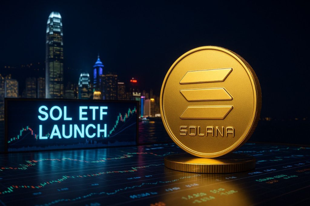 Eine fotorealistische Aufnahme zeigt die nächtliche Skyline von Hongkong mit einer goldenen Solana-Münze im Vordergrund. Auf digitalen Bildschirmen erscheint der Schriftzug