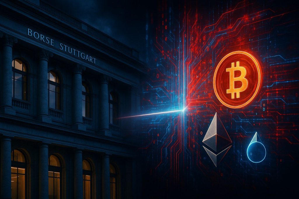 Fotorealistisches Bild der Börse Stuttgart mit digitalen Bitcoin- und Ethereum-Symbolen, verbunden durch Lichtlinien - Symbol für die Fusion von traditionellem Banking und moderner Krypto-Technologie.