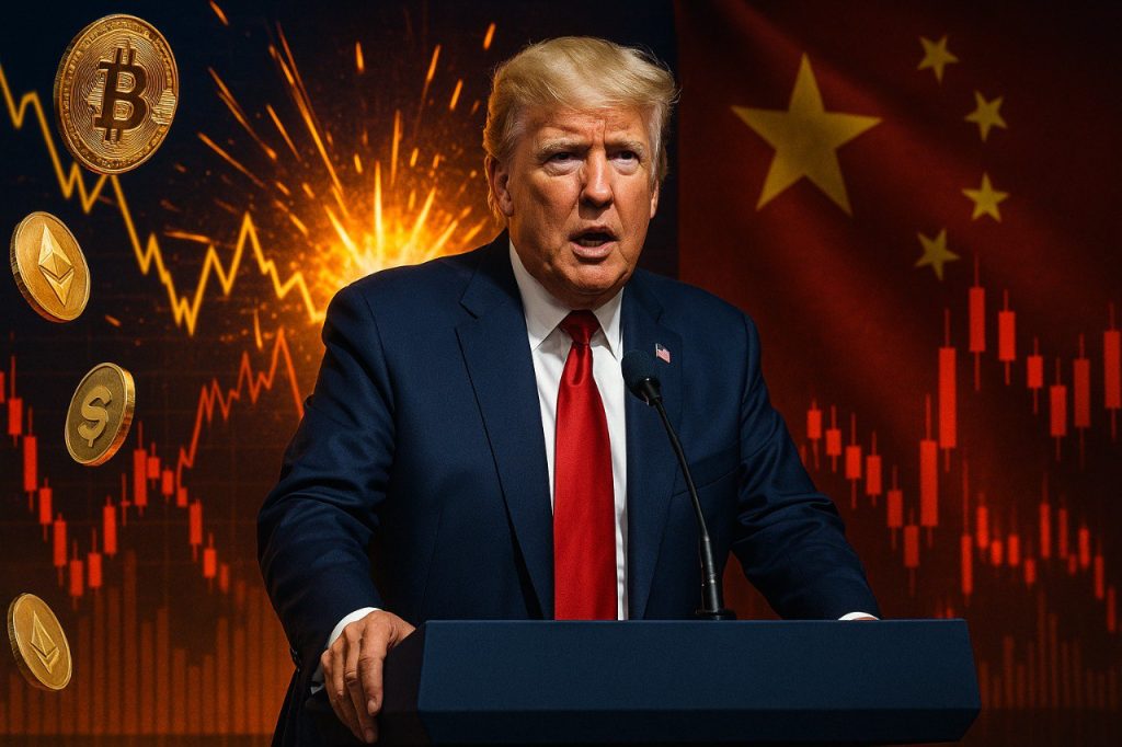 Donald Trump steht an einem Rednerpult, hinter ihm explodierende Kursdiagramme, fallende Bitcoin-, Ethereum- und Solana-Münzen sowie eine rote chinesische Flagge - Darstellung des Krypto-Crashs nach seiner 100%-Zoll-Ankündigung.