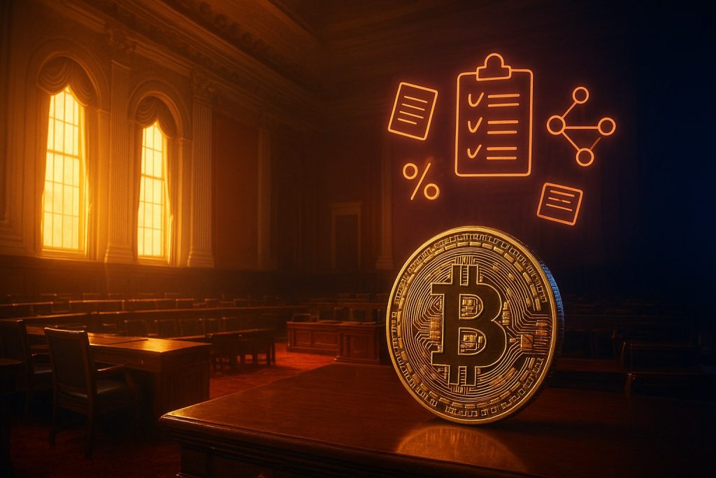Fotorealistische Darstellung des US-Senats mit Bitcoin-Symbolen und Steuer-Icons in dramatisch-herbstlicher Lichtstimmung.