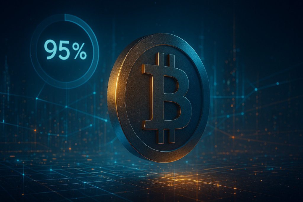 Schwebendes Bitcoin-Symbol vor einer futuristischen digitalen Stadtlandschaft, halb in goldenes Licht und halb in blaue Schatten getaucht. Im Hintergrund leuchtende Netzwerkverbindungen und ein 