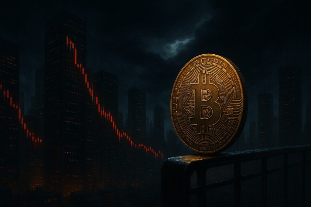 Große goldene Bitcoin-Münze im Vordergrund, dahinter eine nächtliche Skyline mit rot fallenden Kursdiagrammen in den Gebäudefassaden. Das Bild vermittelt Marktunsicherheit und Kursrückgang. Wenn du willst, kann ich außerdem eine Bildbeschreibung für Social Media Captions erstellen - kurz, griffig, mit Hook.