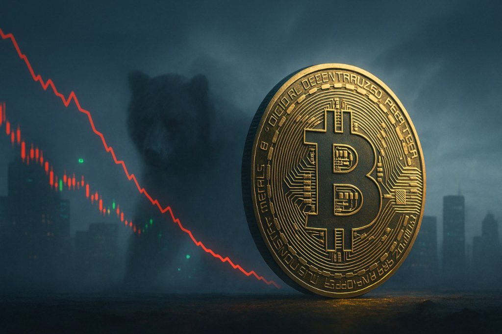 Eine große goldene Bitcoin-Münze steht im Vordergrund, während im Hintergrund die schemenhafte Silhouette eines Bären in Nebel auftaucht. Links verläuft ein rot leuchtender, fallender Kurschart durch die Szene. Das Bild symbolisiert eine Phase erhöhter Marktunsicherheit und möglicher Abkühlung im Bitcoin-Trend.