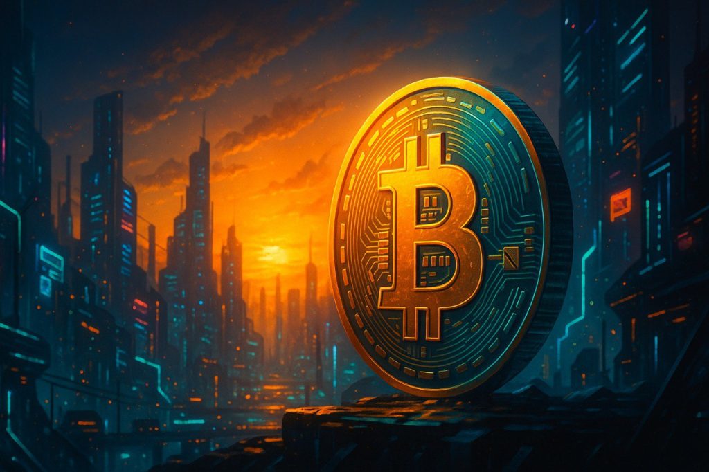 Ein goldener Bitcoin steht in einer futuristischen Cyberpunk-Stadtlandschaft. Im Hintergrund leuchtet ein orange-goldener Sonnenuntergang, während neonblaue Lichtreflexe die Gebäude betonen. Das Bild vermittelt Hoffnung trotz Marktunsicherheit.