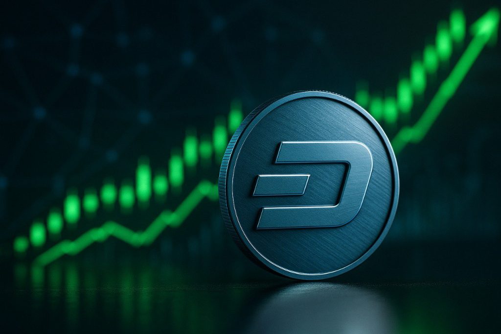 Dash Münze vor grünem aufsteigendem Kurschart und digitalem Netzwerk, Symbol für Rallye und Datenschutz-Fokus.