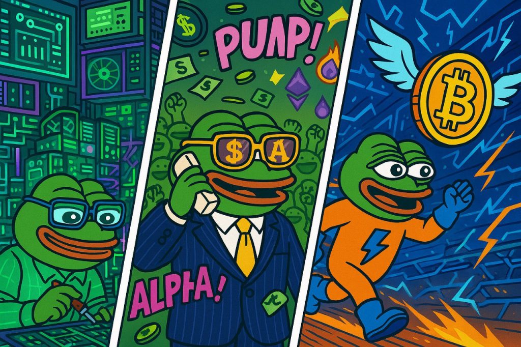 Comic-Illustration in drei Panels: Links ein Pepe-Frosch im futuristischen Serverraum, der Mining-Nodes für Pepenode überwacht. In der Mitte ein Wall-Street-Pepe im Anzug mit Dollarbrille, umgeben von Geldregen, Solana- und Ethereum-Symbolen. Rechts ein Pepe in Bitcoin-Hyper-Anzug, der durch eine blaue Hyperchain rennt, während ein geflügeltes Bitcoin-Symbol vor ihm schwebt.