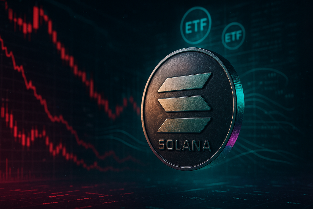 Solana-Münze im Vordergrund, während rote, fallende Kurscharts und holografische ETF-Symbole im Hintergrund den Widerspruch zwischen ETF-Zuflüssen und sinkendem SOL-Preis darstellen.