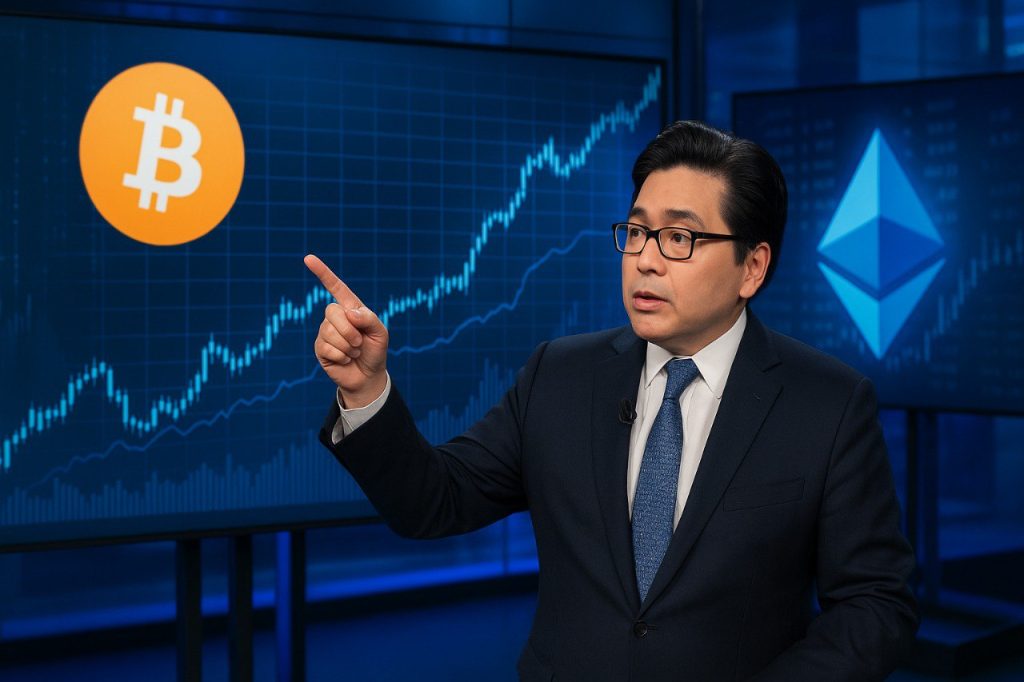 Tom Leeim Studio zeigt auf steigende Bitcoin- und Ethereum-Charts auf großen Monitoren - Symbol für Tom Lees bullische Prognose und Optimismus am Kryptomarkt.