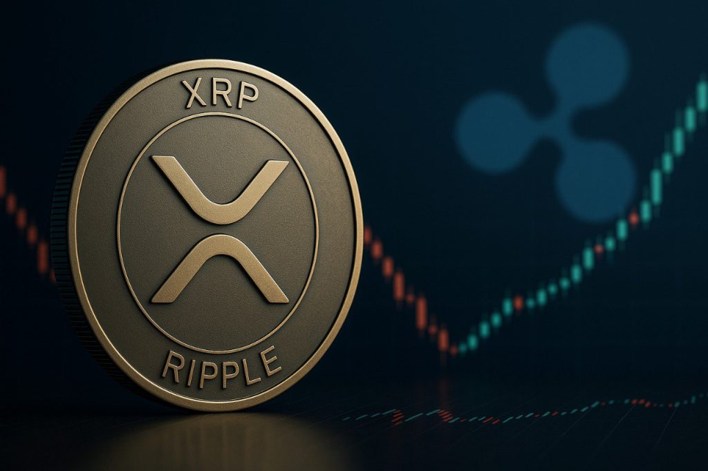 Eine goldene XRP-Münze mit dem Ripple-Logo im Hintergrund, vor einem steigenden Kursdiagramm - Symbol für den Aufwärtstrend und das wachsende Interesse an XRP.