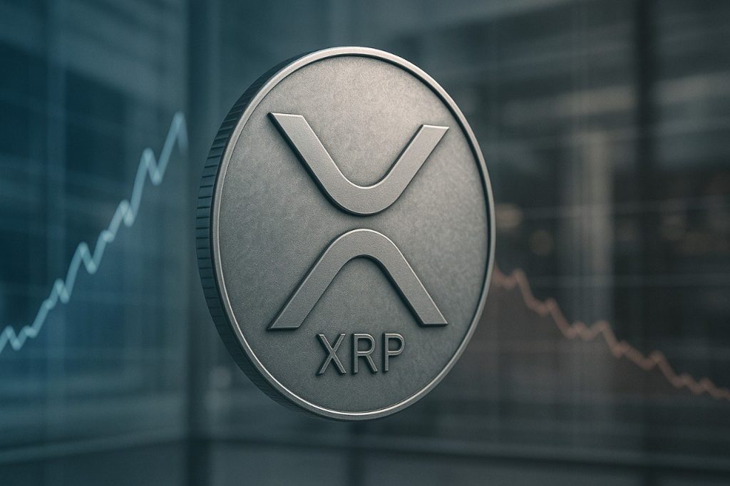 Eine silbergraue XRP-Münze schwebt vor einer modernen, unscharfen Börsenkulisse. Links ist ein dezent steigender blauer Kursverlauf zu sehen, rechts ein leicht fallender roter Trend - Symbol für die unsichere Richtung und den entscheidenden Moment für XRP.