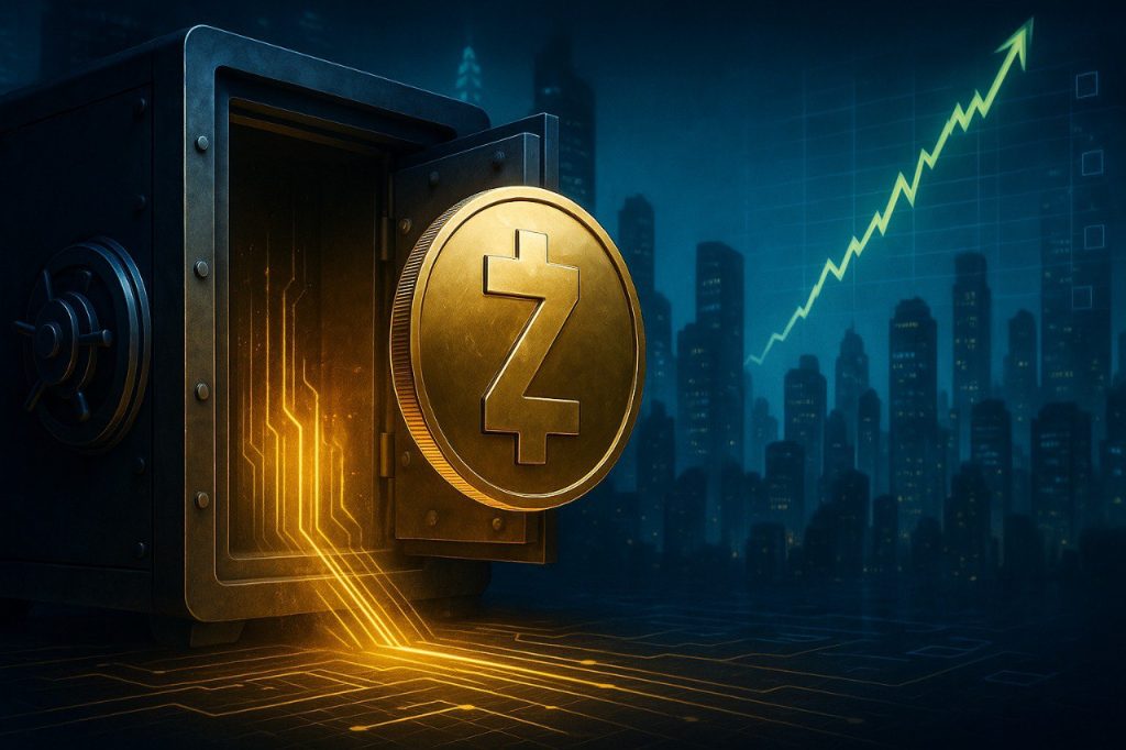 Glänzende goldene Zcash-Münze vor einem geöffneten Tresor mit leuchtenden Datenströmen, im Hintergrund eine futuristische Skyline und ein aufsteigender Kurschart - Symbol für institutionelle Krypto-Adoption, Privatsphäre und finanzielles Wachstum.